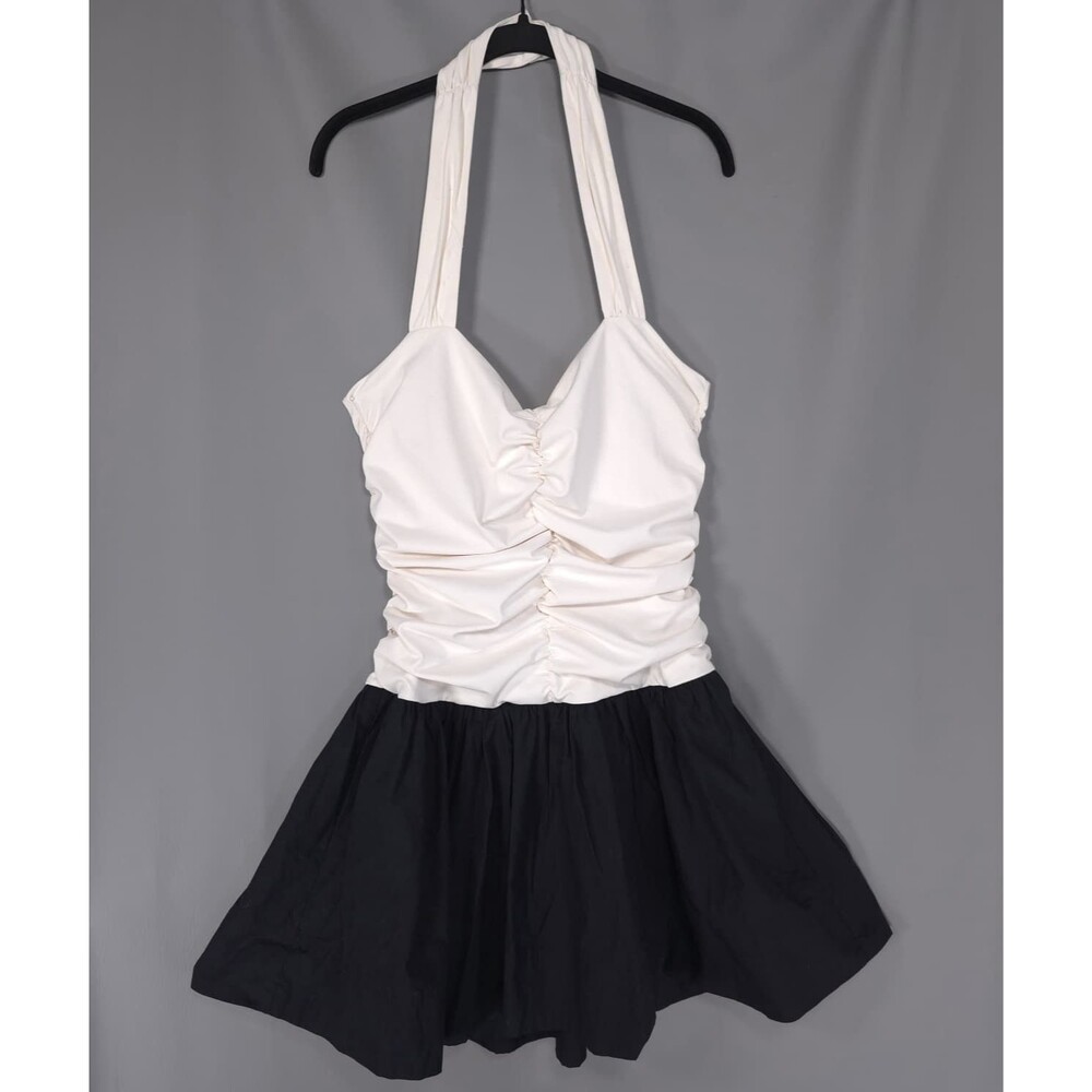 ANTHROPOLOGIE MAEVE Women's New Fit Flare Halter Dress MEDIUM Black White Ruched